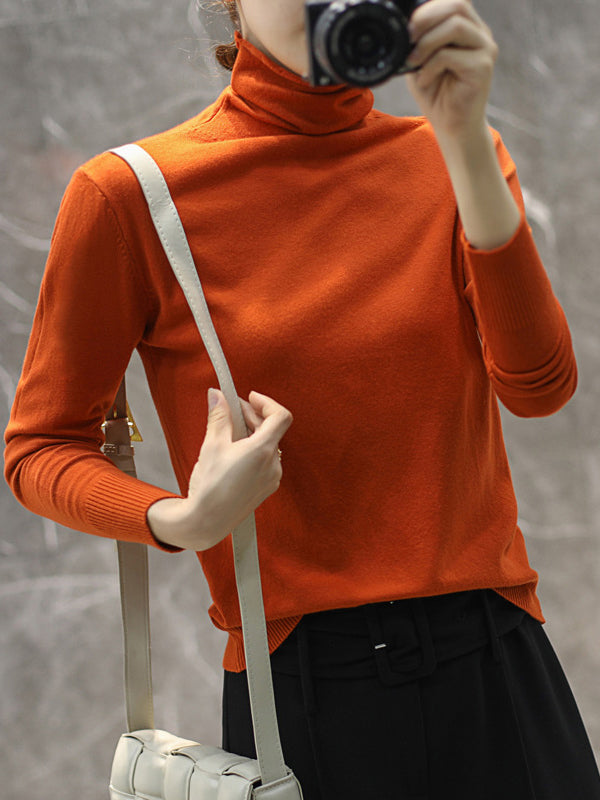 Simple Loose Long Sleeves Solid Color High-Neck Pullovers