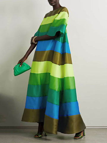 Backless Contrast Color Multi-Colored Striped Flared Sleeves Half Sleeves Round-neck Maxi Dresses