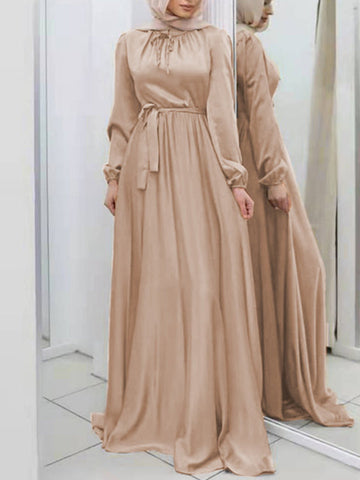 Pleated Solid Color Tied Waist Long Sleeves Loose Maxi Dresses