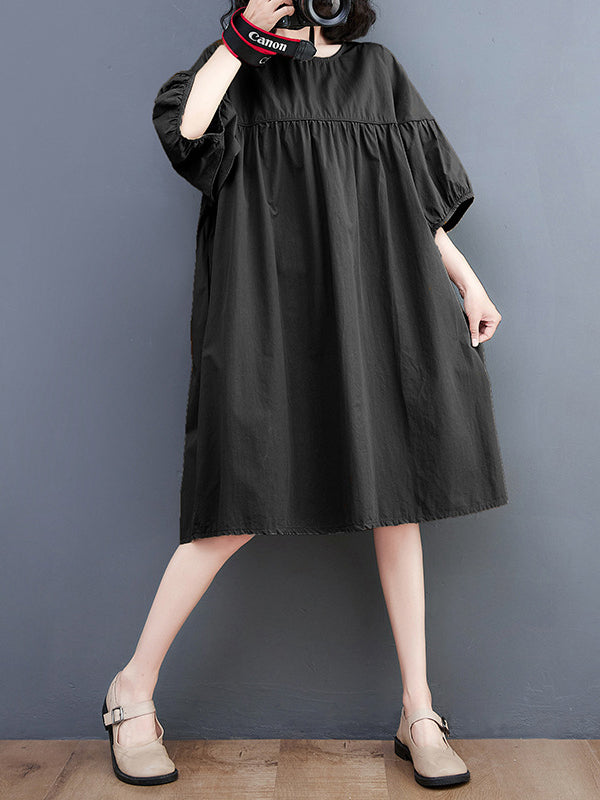 Solid Color Loose Short Sleeves Round-neck Midi Dresses