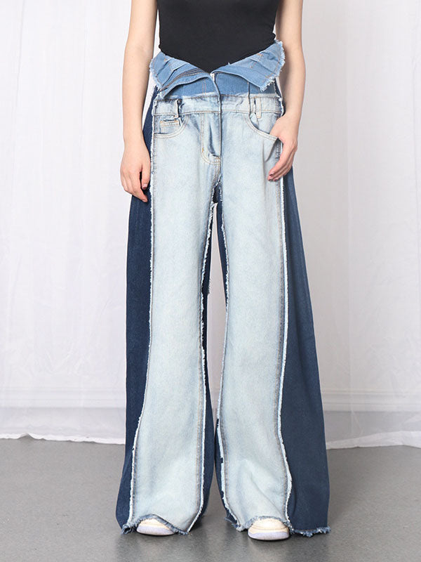 Casual Wide Leg Loose High-Waisted Contrast Color Split-Joint Jean Pants Bottoms