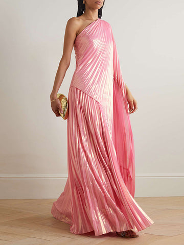 Loose Asymmetric Pleated One-Shoulder Maxi Dresses