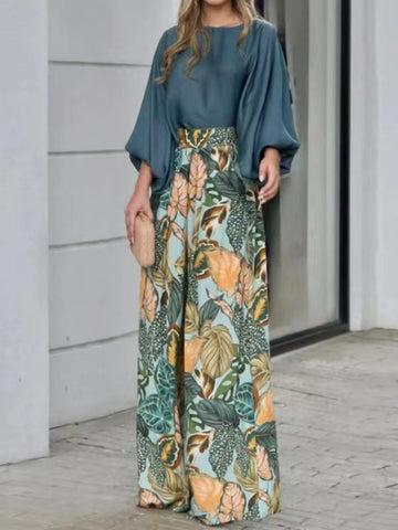 Long Sleeves Loose High-Waisted Leaves Print Pockets Round-Neck Casual T-Shirts& Wide-leg Pants Suits