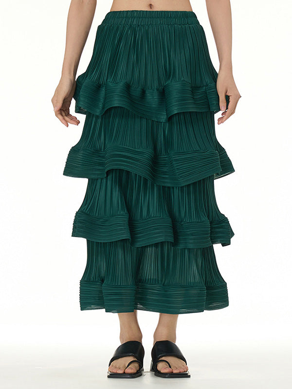 Elasticity Layered Pleated Ruffled Solid Color Loose Skirts Bottoms