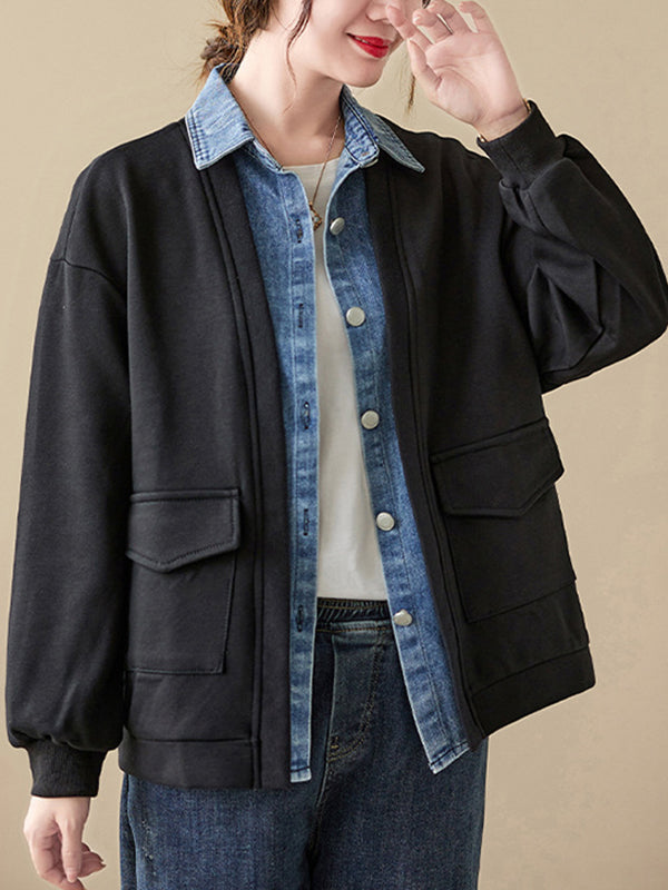 Casual False Two Loose Buttoned Contrast Color Split-Joint Lapel Collar Outerwear