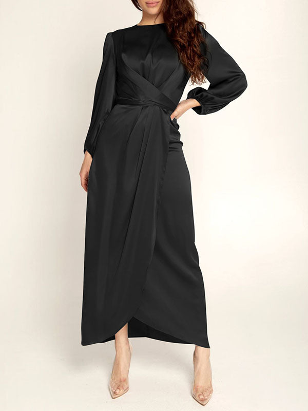 High-Waisted Solid Color Tied Waist Zipper Wrap Round-neck Maxi Dresses