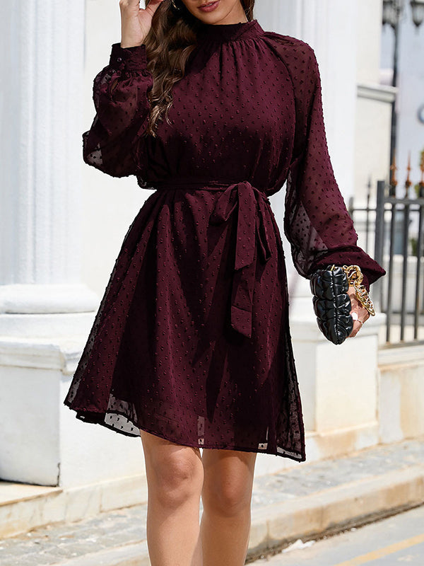 Belted Solid Color Split-Joint Loose Round-neck Mini Dresses