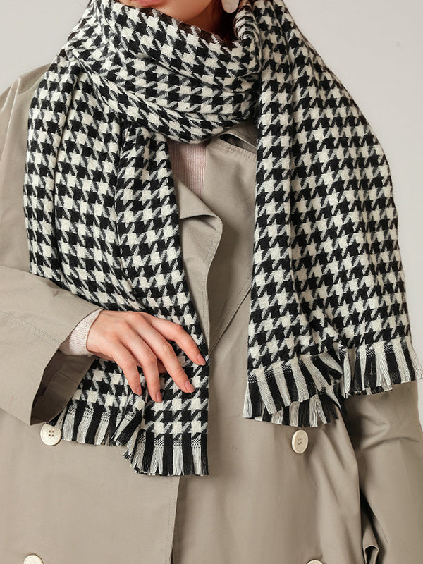 Fringed Houndstooth Keep Warm Shawl&Scarf