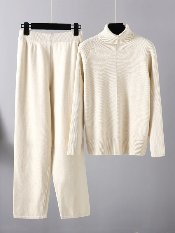 Urban Long Sleeves Loose Solid Half Turtleneck Sweater Tops & Wide Leg Pants Two Pieces Set