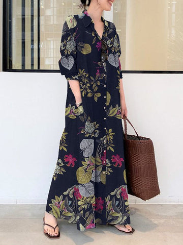 Printed Split-Joint Loose Plus Size Lapel Shirt Dress Maxi Dresses