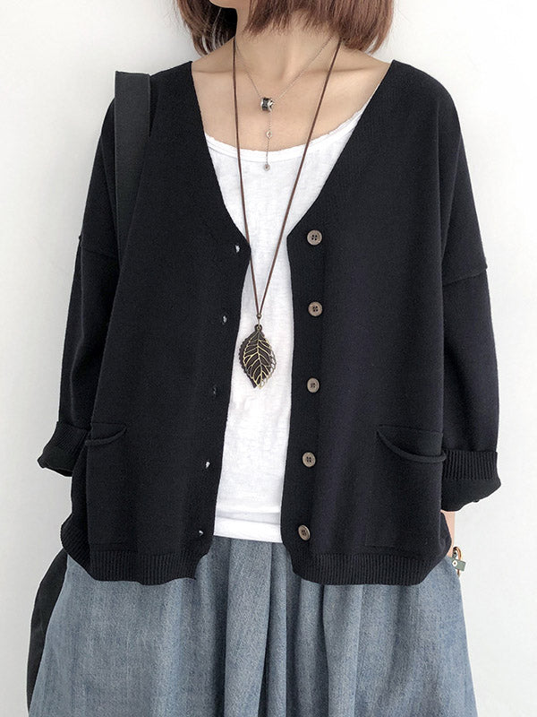 Artistic Retro Solid Color Buttoned V-Neck Long Sleeves Cardigan Top