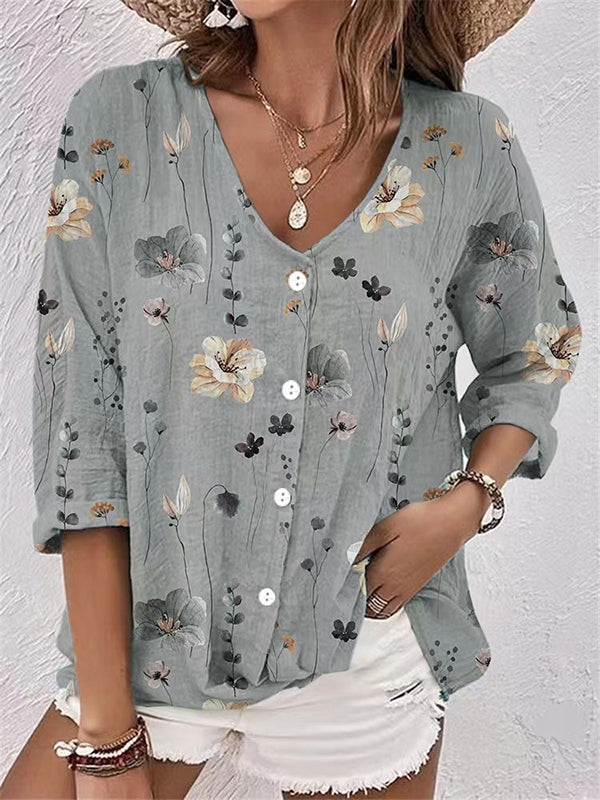 Buttoned Flower Print Long Sleeves Loose V-neck Blouses&shirts Tops