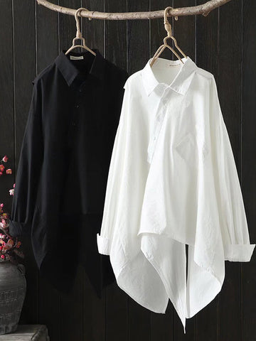 Urban Loose Black White Long Sleeves Irregular Blouse