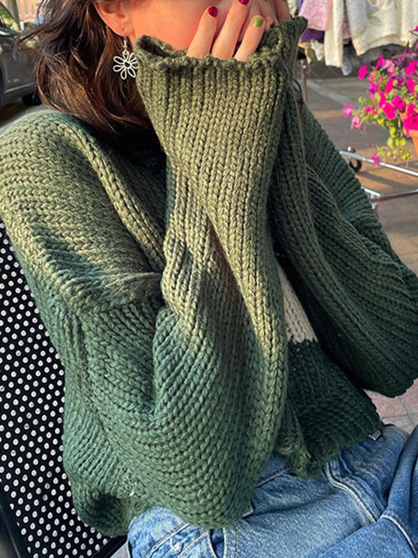 Contrast Color Split-Joint Long Sleeves Loose Round-Neck Sweater Tops