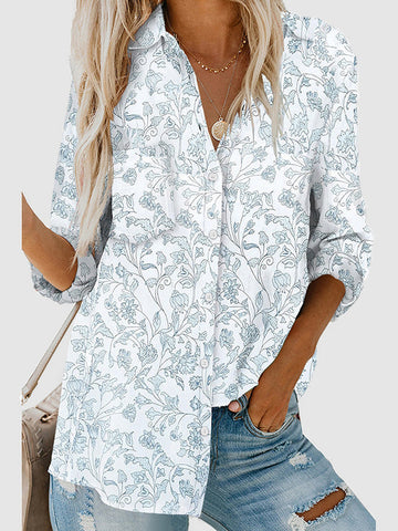 Buttoned Flower Print Pockets High-Low Long Sleeves Lapel Blouses&Shirts Tops