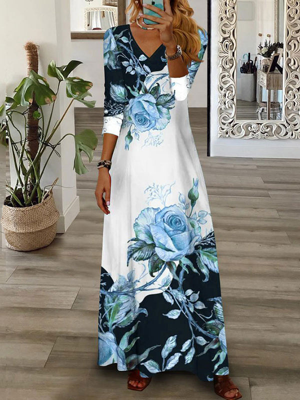 Contrast Color Flower Print Loose Wrap V-Neck Maxi Dresses