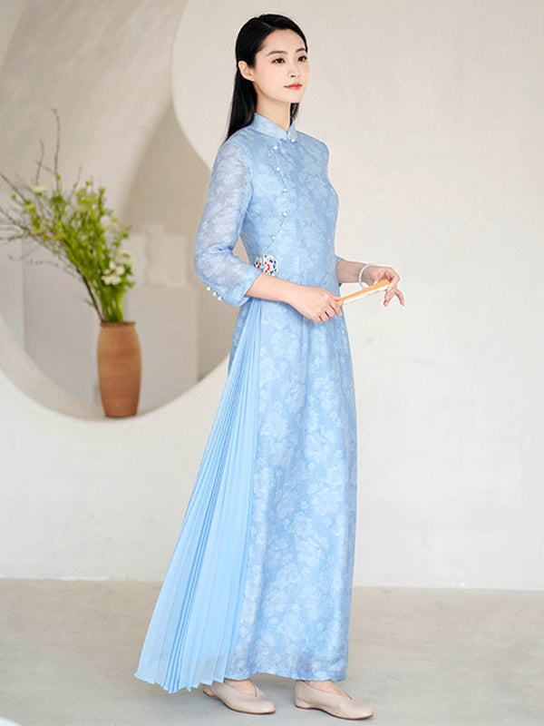 Fashion Vintage Light Blue Jacquard Long Cheongsams