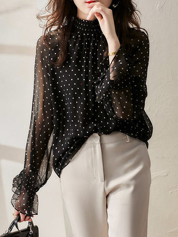 Elasticity Mesh Polka-Dot See-Through Flared Sleeves Long Sleeves Mock Neck Blouses&Shirts Tops