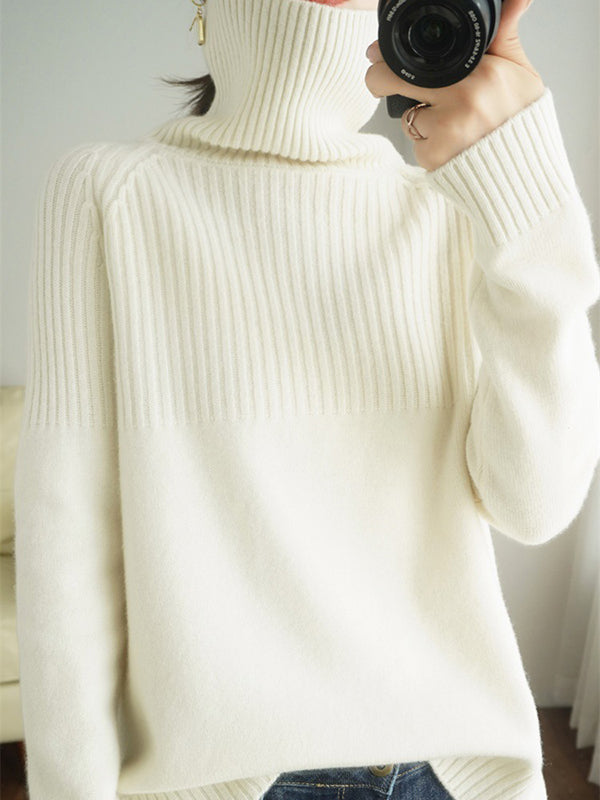 Casual Long Sleeves Loose Solid Color High-Neck Sweater Tops