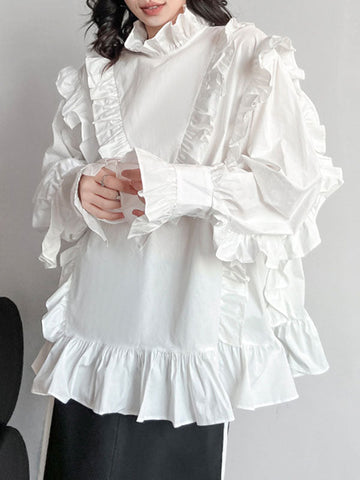 Buttoned Ruffled Solid Color Long Sleeves Loose Stand Collar Blouses&Shirts Tops