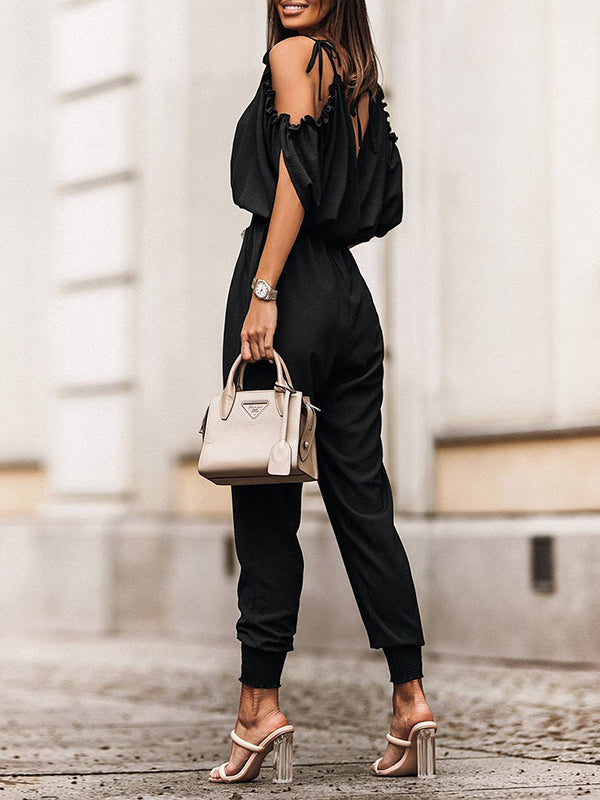 Solid Color Cold Shoulder Deep V-Neck Jumpsuits