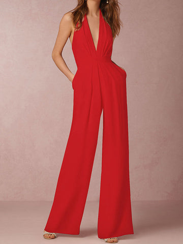 Backless Solid Color Sleeveless Wide Leg Halter-Neck Jumpsuits