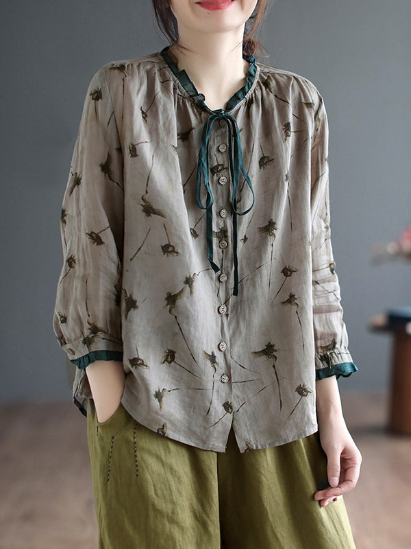 Floral Printed Lace-Up Long Sleeves Loose Round-Neck Blouses&Shirts Tops