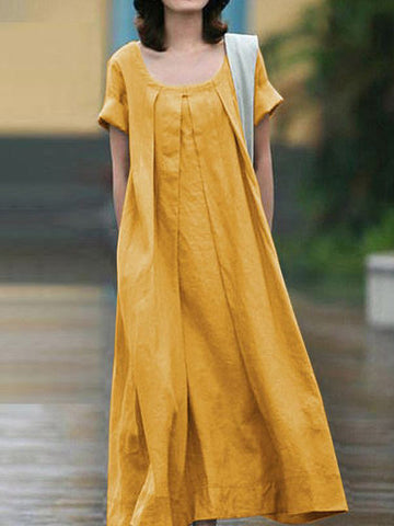 Simple Solid Color U-Neck Pleated Short Sleeves Maxi Dress