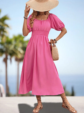 Elasticity Pleated Solid Color Split-Joint A-Line Bishop Sleeve Off-The-Shoulder Midi Dresses