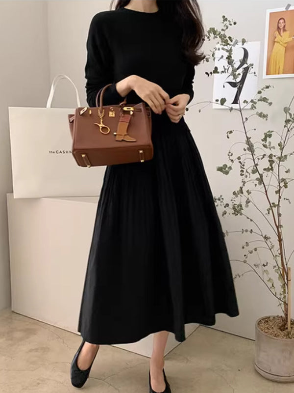 Pleated Split-Joint A-Line Long Sleeves Round-Neck Midi Dresses