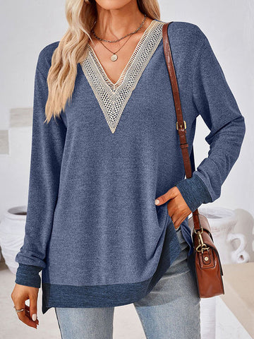 Hollow Split-Joint Split-Side Long Sleeves Loose V-Neck T-Shirts Tops