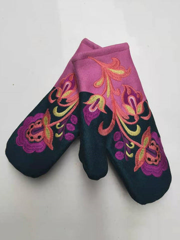 Casual Keep Warm Floral Embroidered Mittens