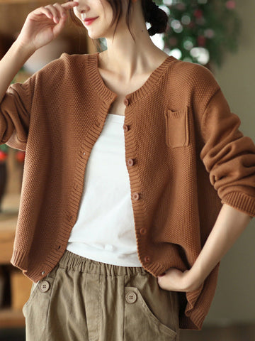 Simple Loose Long Sleeves Buttoned Solid Color Round-Neck Cardigan Tops