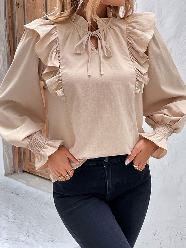 Drawstring Falbala Solid Color Long Sleeves Puff Sleeves Blouses