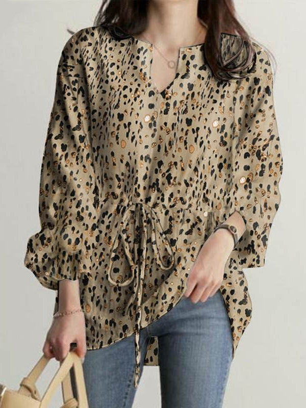 Drawstring Elasticity Leopard Tied Long Sleeves Loose V-neck Blouses&shirts Tops