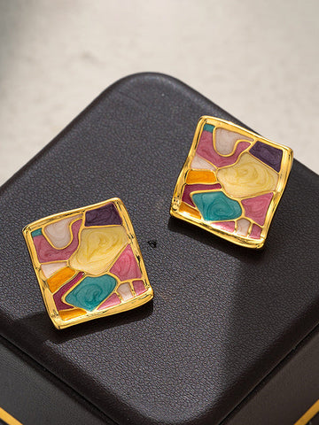 Multi-Colored Enamel Oil Painting Style Square Earrings