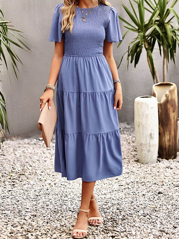 Elastics Solid Color Loose Short Sleeves Round-neck Midi Dresses