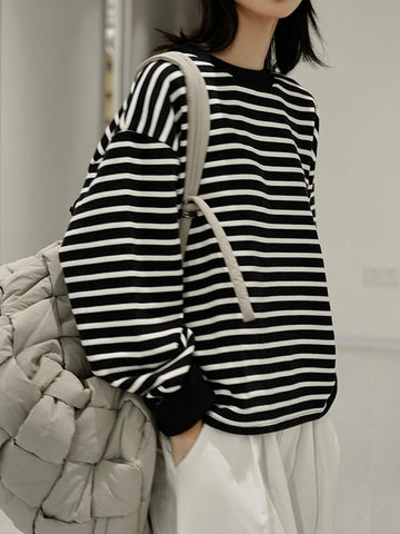 Contrast Color Split-Joint Split-side Striped Long Sleeves Loose Round-neck Sweatshirt Tops