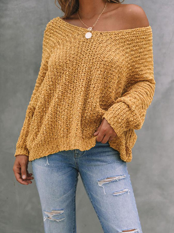 Solid Color Long Sleeves Loose V-Neck Sweater Tops Pullovers Knitwear