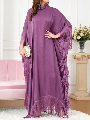 Ribbon Solid Color Tasseled A-Line Batwing Sleeves Maxi Dresses