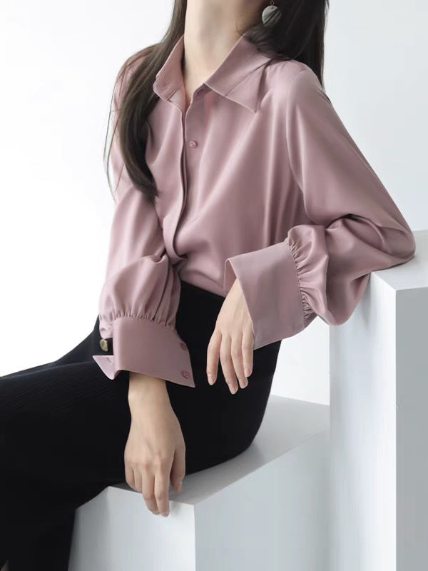 Casual Long Sleeves Loose Solid Color Lapel Collar Blouses&Shirts Tops