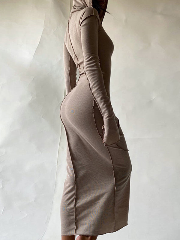 Solid Color Split-Joint Long Sleeves Plus Size Hooded Maxi Dresses