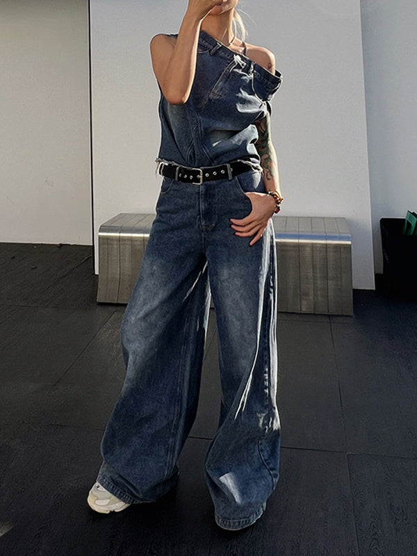 Asymmetric Split-joint Fringed Boat Neck Vest Top+ High Waisted Belted Jeans Bottom Two Pieces Set