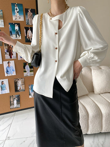 Urban Puff Sleeves Hollow Solid Color Round-Neck Blouses