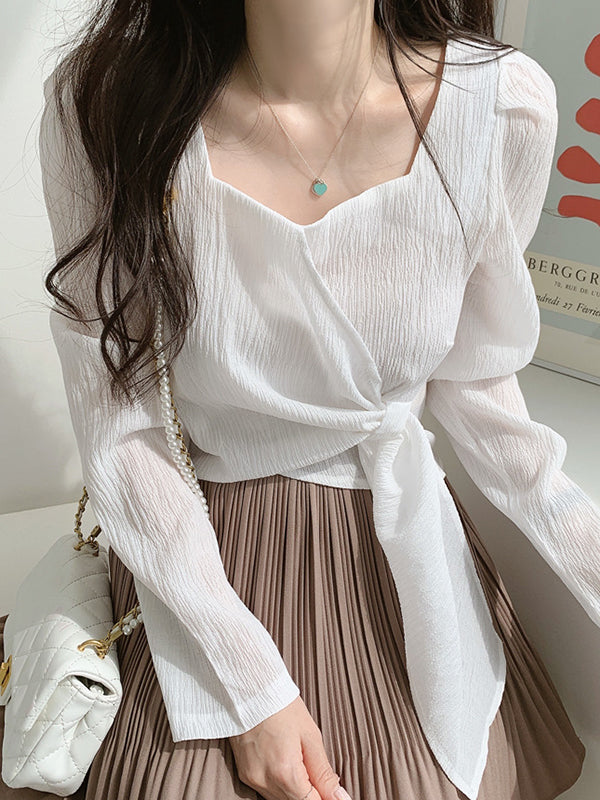 Original Solid Color Square-Neck Long Sleeves Tied Blouse