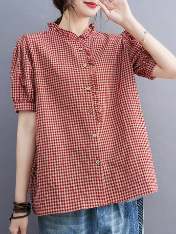 Plaid Pleated Split-Joint Loose Oversize V-Neck Blouses