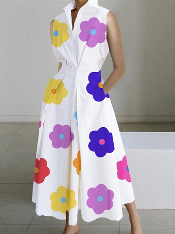 Sleeveless Floral Printed Lapel Midi Dresses