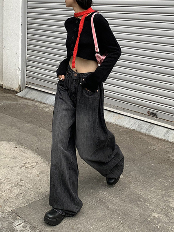 Pleated Split-Joint High Waisted Loose Jean Pants Bottoms