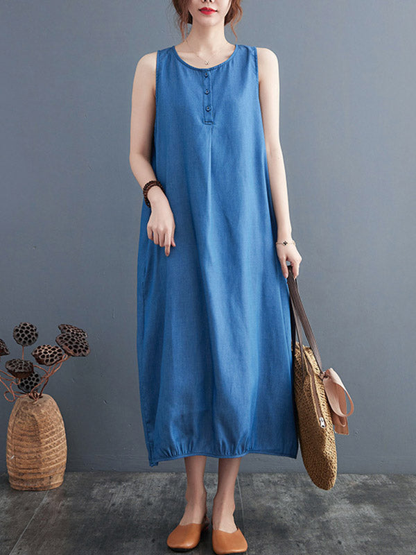 Simple Denim Blue Round-Neck Buttoned Sleeveless Midi Dress