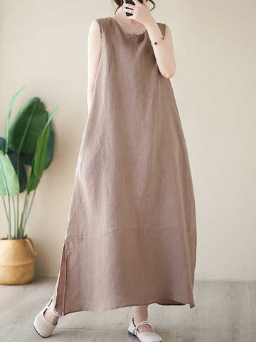 Solid Color A-Line Loose Round-Neck Midi Dresses